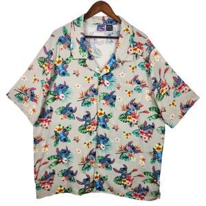 Disney Stitch Shirt Mens XXL Beige Floral Hawaiian Button Up Rayon Short Slv EUC